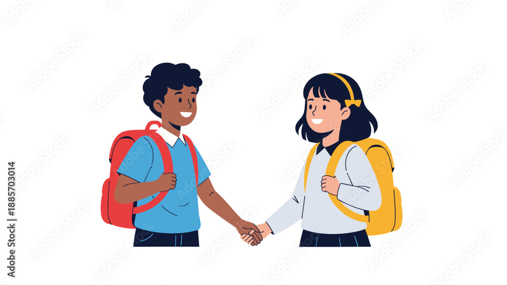 Fototapeta premium Two students, a boy and a girl, wearing school backpacks shaking hands as they meet for the first time or agree on a collaborative project.
