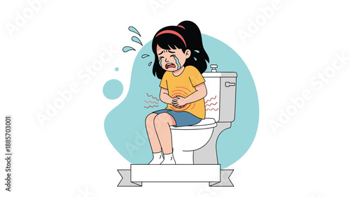 Distressed young girl sitting on a toilet and crying while holding her stomach due to a painful tummy ache or digestive issues shown by red lines.