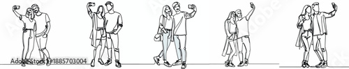 line art of a couple standing taking a selfie together