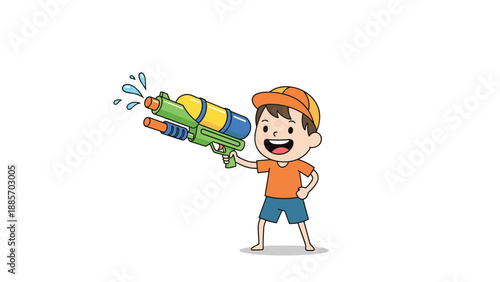 Playful boy wearing an orange cap and shirt having fun shooting water from a large green and yellow plastic squirt gun on a hot summer day.