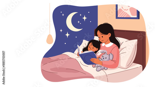 Loving mother sitting in a bedroom and reading a bedtime storybook to her young daughter who is tucked in bed with a stuffed animal under the moon.