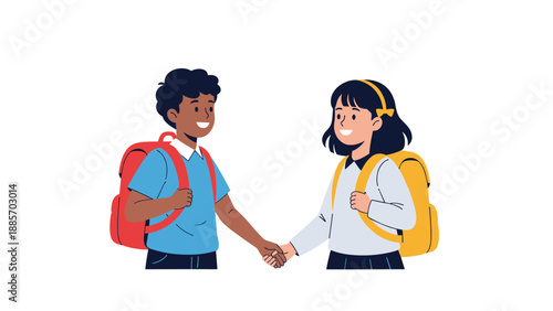 Two students, a boy and a girl, wearing school backpacks shaking hands as they meet for the first time or agree on a collaborative project.
