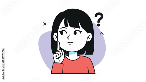 Thoughtful young girl with black hair looking upwards and thinking about something while a question mark appears above her head on a simple background.