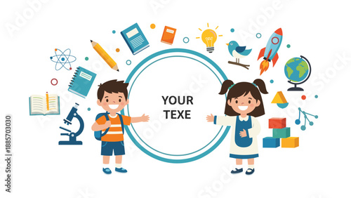 Two happy school children standing next to a large circular frame surrounded by various educational icons like a microscope, rocket, and books.