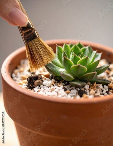 Close-up of a hand using a brush to gently clean a succulent plant in a terracotta pot with white pebbles and soil during soft natural lighting