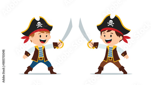 Two young boys dressed in pirate costumes with hats and swords playing together and pretending to have a friendly duel during an imaginative game.