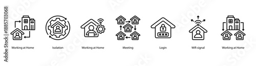Remote Work Life web banner vector illustration featuring Working at Home, Isolation, Working at Home, Meeting, Login, Wifi signal, and Working at Home.