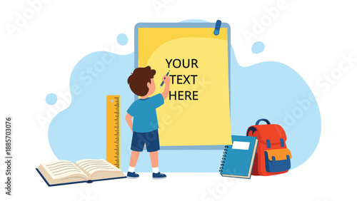 Young boy standing and writing on a large yellow poster board surrounded by school supplies like a backpack, notebook, ruler, and an open book.