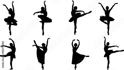 Ballet dancer silhouettes set in elegant jumping and posing movements, graceful female classical dance figures isolated on white background illustration artwork vector