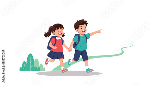 School boy and girl wearing uniforms and backpacks running together down a green path while looking ahead with excitement and happy expressions.