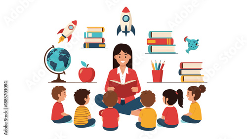 Teacher sitting cross legged on the floor reading a book to a group of young children surrounded by floating icons of science and education.