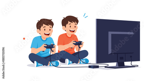 Two young boys sitting on the floor and holding controllers while playing an exciting video game together on a large flat screen television set.