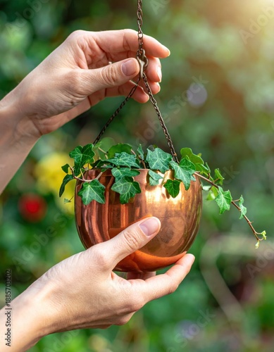 Close up of person hands holding a shiny copper pot with green ivy plant hanging in garden with soft sunlight and blurred green background
