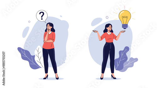 Young woman depicted in two states where she is first thinking deeply with a question mark and then finds a bright idea with a lightbulb.