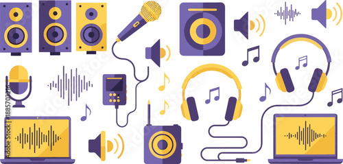 Audio and Music Equipment Collection Featuring Speakers Microphones Headphones Laptops and Sound Waves for Podcasting and Recording