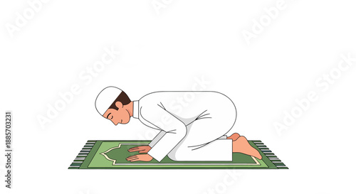 Man in Traditional Islamic Clothing Performing Sujud (Prostration) on Prayer Rug with Crescent Moon