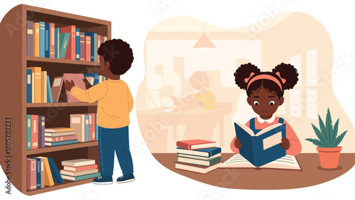 Two African American children enjoying their time in a library with one boy picking a book from a shelf and a girl reading at a desk.