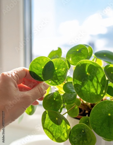 Close Up Of A Person Touching A Pilea Plant With Round Green Leaves Near A Window With Bright Sunlight And Shadows