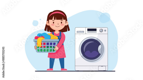 Responsible young girl holding a laundry basket full of colorful clothes while standing next to a modern white washing machine at home.