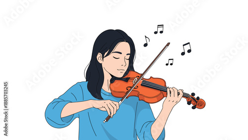 Talented young woman with long dark hair closing her eyes and playing a beautiful melody on a violin with musical notes in the air.