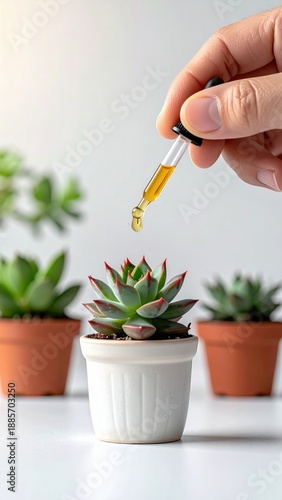 Hand Holding Dropper Applying Oil To Succulent Plant In A White Pot Soft Light Background With Shallow Depth Of Field