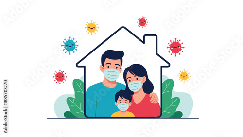Happy family of three wearing protective face masks while staying safe inside the silhouette of a house during a pandemic lockdown.