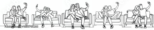 line art of a couple sitting on sofa taking a selfie together