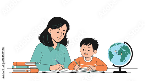 Caring mother sitting at a desk and helping her young son with his school assignments next to a stack of books and a world globe.