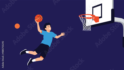 Energetic young boy jumping towards a hoop to make a slam dunk while playing basketball on a dark blue court background.