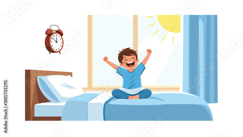 Happy young boy waking up in his bed with his arms stretched out as the bright sun shines through the window in the morning.