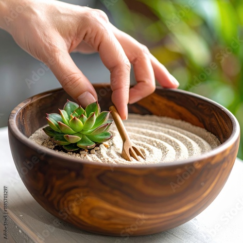 Close up of a hand raking white sand in a wooden bowl with a small green succulent plant creating a peaceful zen garden scene