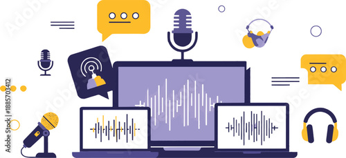 Podcast and digital audio broadcasting concept with laptop screens displaying sound waves and recording equipment flat vector illustration