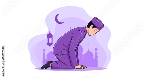 Muslim Boy Praying in Purple Outfit with Mosque Silhouette, Ramadan Vector Illustration