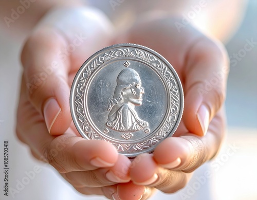 Delicate Hands Presenting Ornate Silver Coin With Royal Profile And Intricate Border Detail Soft Natural Light.