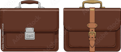 Brown leather briefcase bag set showing two classic business portfolio designs with handle buckle details vector illustration isolated on white background
