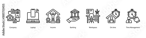 Business Essentials web banner vector illustration featuring Company, Laptop, Income, Banking, Workspace, On time, and Time Management.