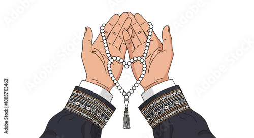 White Prayer Beads (Tasbih) Forming a Heart Shape in Hands, Symbol of Devotion