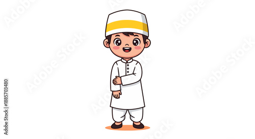 Young Boy in White Traditional Muslim Clothing with a Cap
