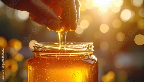 Golden Honey Dripping From Fingers Into Glass Jar Illuminated By Warm Sunlight Creating Bokeh Effect Outdoors
