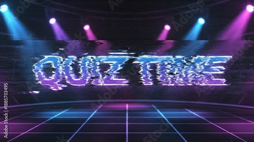 A vibrant, retro-futuristic stage with neon lights and a glitchy 