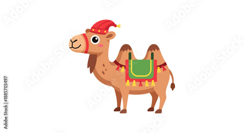 Cartoon Camel with a Red Hat and Colorful Saddle