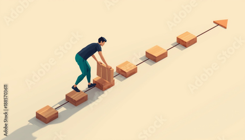 A man is stacking blocks in a line leading up to a target on a beige background to represent business growth and strategy