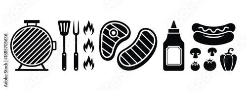 Barbeque grill icon bundle, vector illustrations of fire, BBQ, meat, sausage fork, and party icons, outdoor cooking, grilling, and summer celebration graphic set.