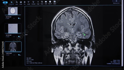 Detailed brain scans made with advanced MRI software displayed on the computer screen. High quality 4k footage