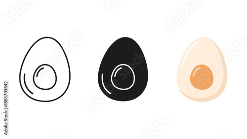 Three eggs in different styles on white background