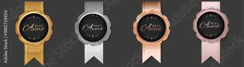 Set of four premium award badges: gold, silver, bronze, and rose gold. Features a circular emblem with "Best Award" text and stars, attached to a ribbon. Vector graphics for recognition, achievement, 