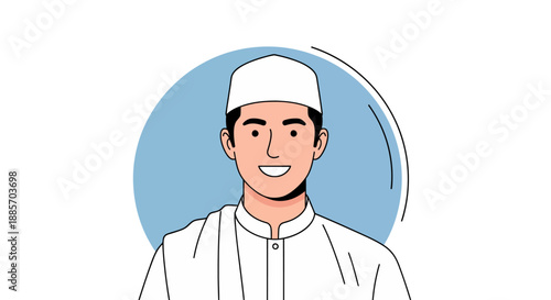 Muslim Man Avatar Wearing White Cap and Traditional Clothing in Flat Vector Style