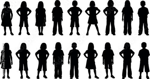 Children silhouettes set showing boys and girls standing in different poses isolated on white background for education childhood diversity illustration design