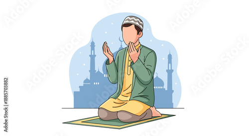 Muslim Man Praying on Prayer Mat with Mosque Silhouette Illustration