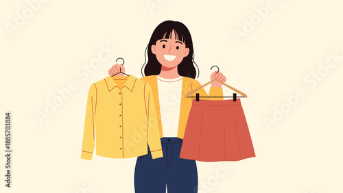 Happy young woman standing and holding up a yellow shirt and a red skirt while trying to decide which outfit to wear.